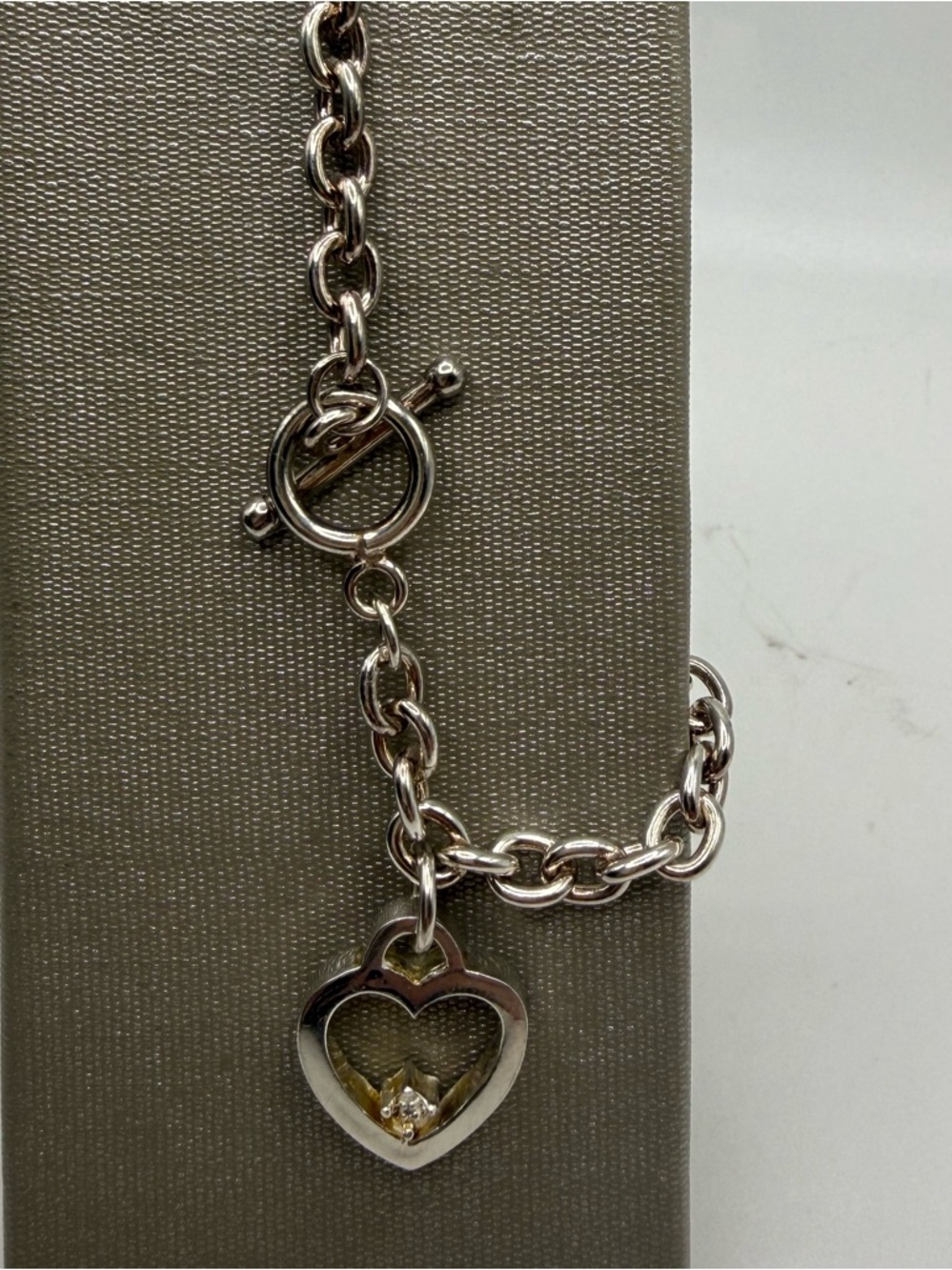 Sterling Silver 925 Heart Dangle Charm Toggle Bracelet 7.5”